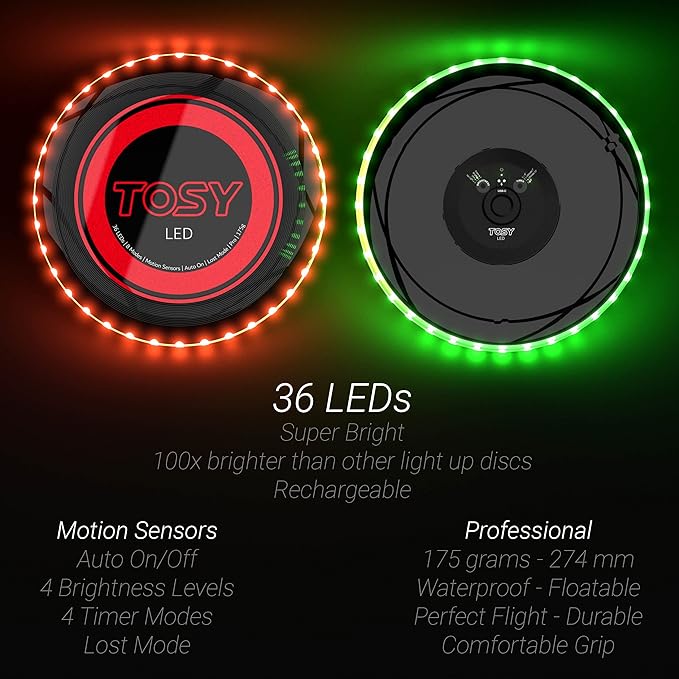 6 of TOSY Flying Disc 36 LEDs, Extremely Bright, Smart Modes, Auto Light Up, Rechargeable, Perfect Birthday & Camping Gift for Men/Boys/Teens/Kids, 175g frisbees