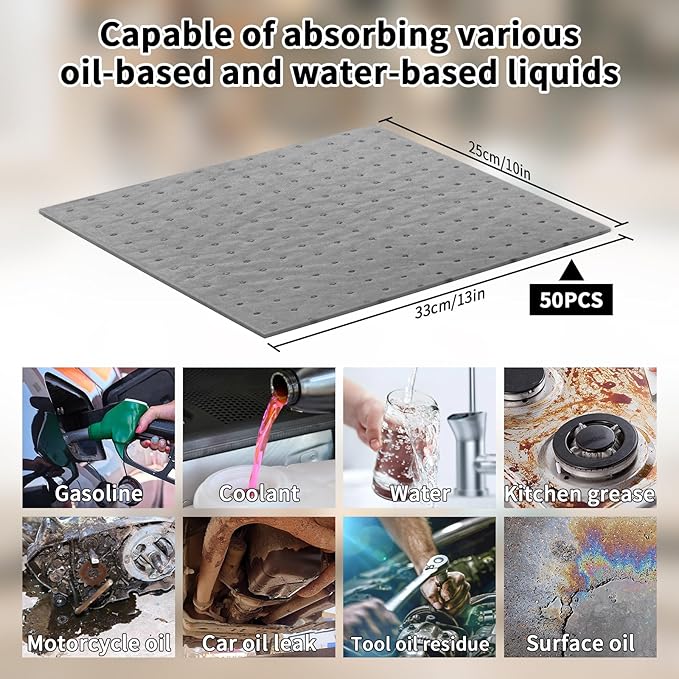 Oil Absorbent Pads Weight Dimpled Pad Garage Accessories Water Absorbent Mat Oil Spill Mat for Oil-Based & Water-Based Fluids Absorbing & Protecting Home Garage Basement (Gray,9.8'' x 13'') (100PCS)