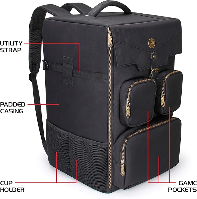ENHANCE Board Game Backpack - Reinforced Rigid Board Game Storage with Padded Shoulder Straps, Carrying Handle, and Accessories Pockets for Dice, Cards, More - Fits and Protects Tabletop Adventures