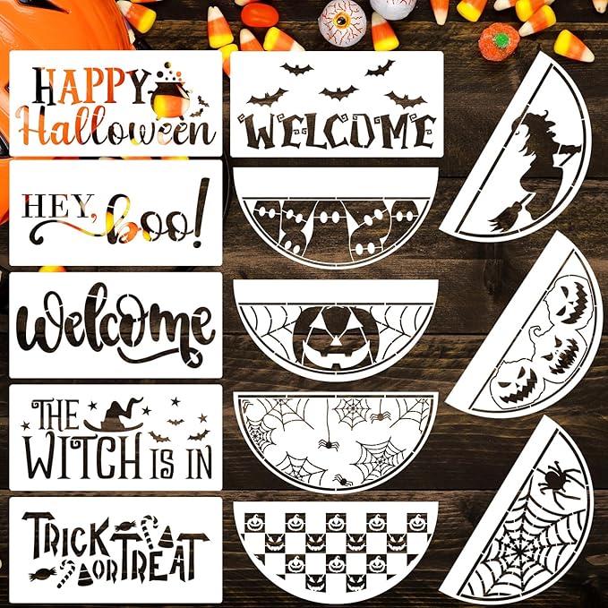 Halloween Stencils for Painting on Wood 12inch Large Halloween Stencil Hey Boo Witches Spider Bats Ghost Draw Templates for Porch Hanger Doormat Fabrics DIY Crafts Decor