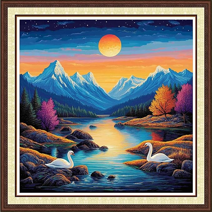 Findvoor Counted Cross Stitch Kits for Adults Full Range of Cross Stitching Embroidery Unprinted Pattern for Beginners, 11CT Needlepoint Kit Patterns Embroidery Kits-Moonlight Swan 18x18 inch