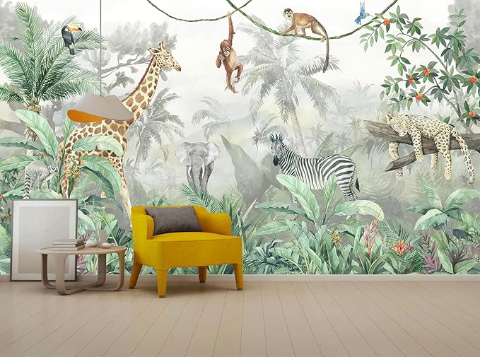 Kids Wallpaper Tropical Leves and Safari Animals Wall Mural for Wall Bedroom Living Room TV Background Sofa Wall（Not Peel and Stick）