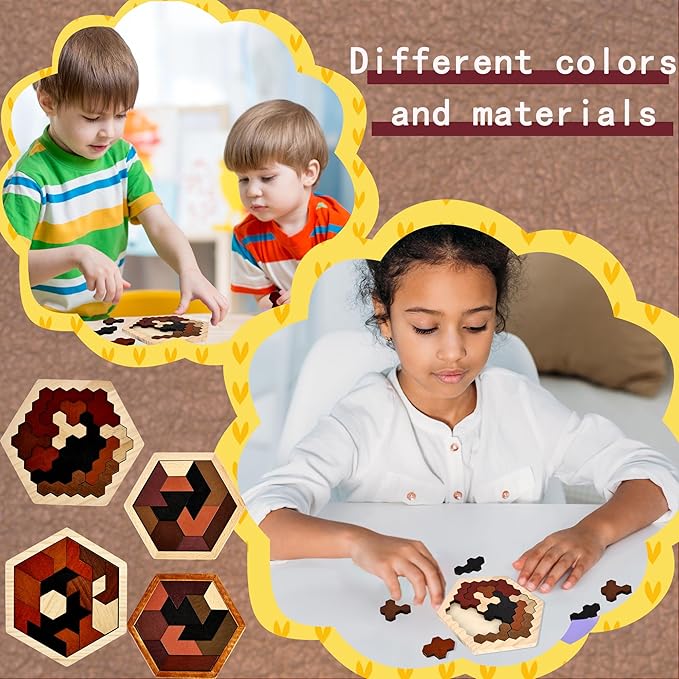 6 Pack Wooden Hexagon Tangram Puzzle Wood Tangram Block Puzzle Set with Storage Bag for Challenge Intelligence Teasers Logic Mind Game