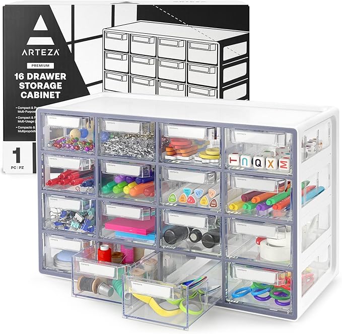 ARTEZA 16 Drawer Storage Cabinet, 17.7 x 8.2 x 10.9 inches, White, Plastic Drawers? with Stoppers, ?Multi Compartment Organizer for Makeup and Art Supplies