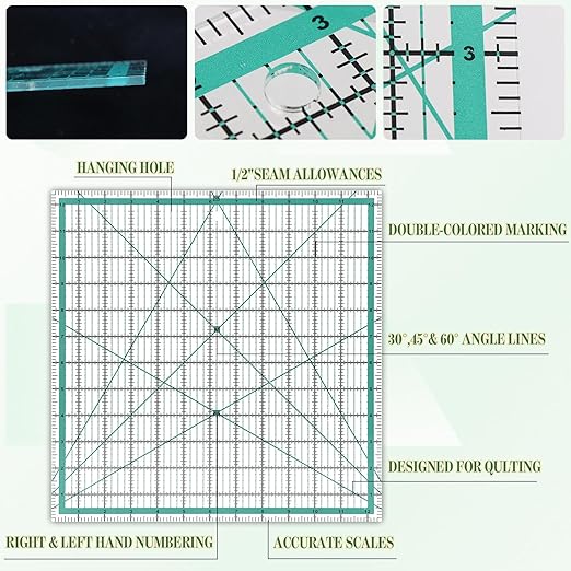 6 Pcs Quilting Rulers and Templates, Quilt Ruler, Acrylic Square Ruler, with Silicone Non-Slip Mat and Storage Bag (3.5"x3.5", 5"x5", 8"x8", 10"x10", 12.5"x12.5", 2"x12")