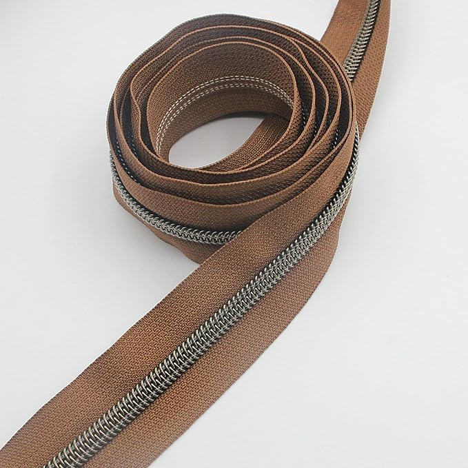 Leekayer #5 Antique Brass Metallic Nylon Coil Zippers by The Yard Bulk 10 Yards (Brown Tape with 25pcs Brass Sliders for DIY Sewing Tailor Craft Bag(Brown)