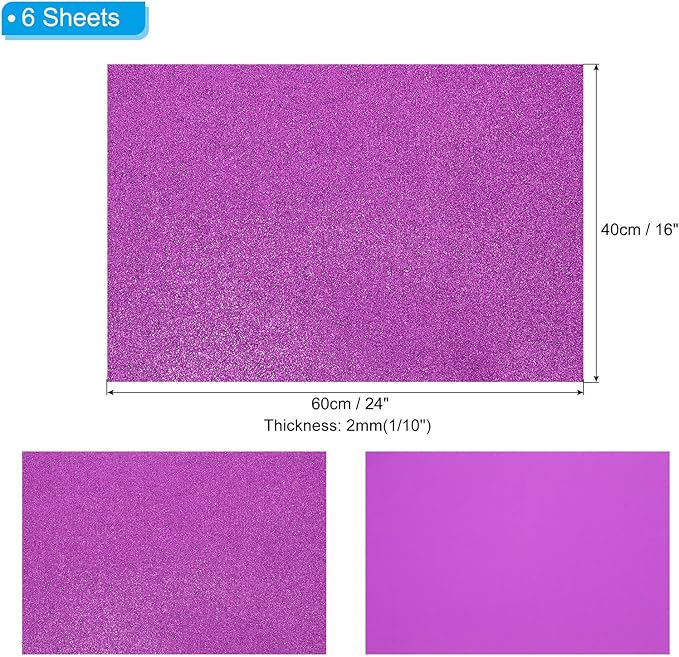 PATIKIL 2mm(1/10") Thick Non Adhesive Glitter Foam Sheet 16x24inch(40x60cm) Purple, EVA Shiny Foam Board for Craft, 6 Pcs