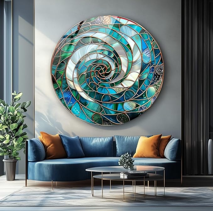 My Photostation.com 15.8''(40cm) Diameter Aqua Spiral Harmony Round Glass Wall Art Tempered Glass Printing Wall Decor Large Wall Art Wall Hangings