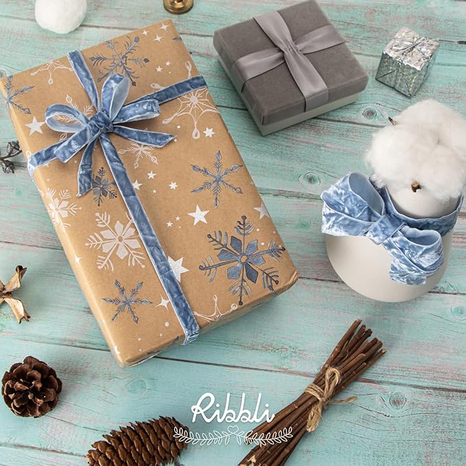 Ribbli Dusty Blue Velvet Ribbon 1 Inches Luxury Crinkled Blue Christmas Ribbon for Gift Wrapping Crafts Home Decor-Continuous 10 Yard