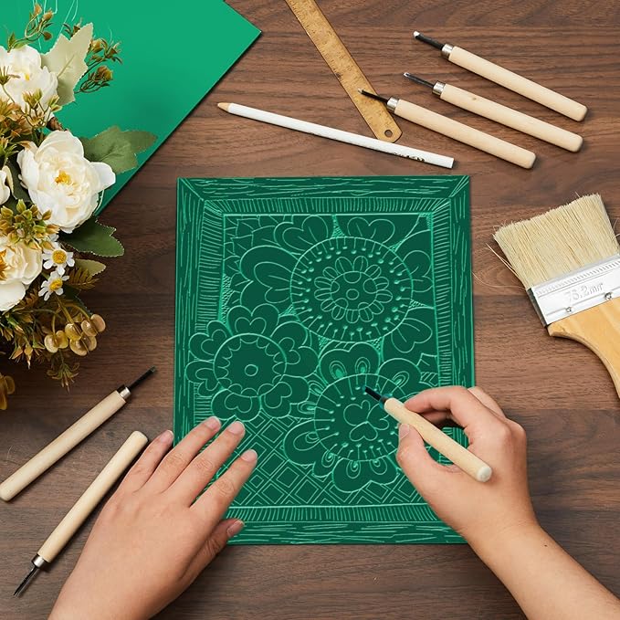 Yeaqee 8 Pcs 8 x 10 Inch Linoleum Block Rubber Carving Block Soft Linocut Blocks Large Linoleum Sheet Unmounted Lino Plates for Engraving Art Project Printmaking Artist Studio Supplies, Green