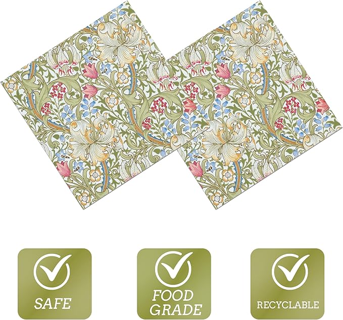 William Morris Party Napkins, 40PCS Greenery Floral Paper Napkins Disposable, Golden Lily White Green Wildflowers Party Supplies for Wedding Bridal Shower Theme Birthday Party Decorations 6.5 Inch