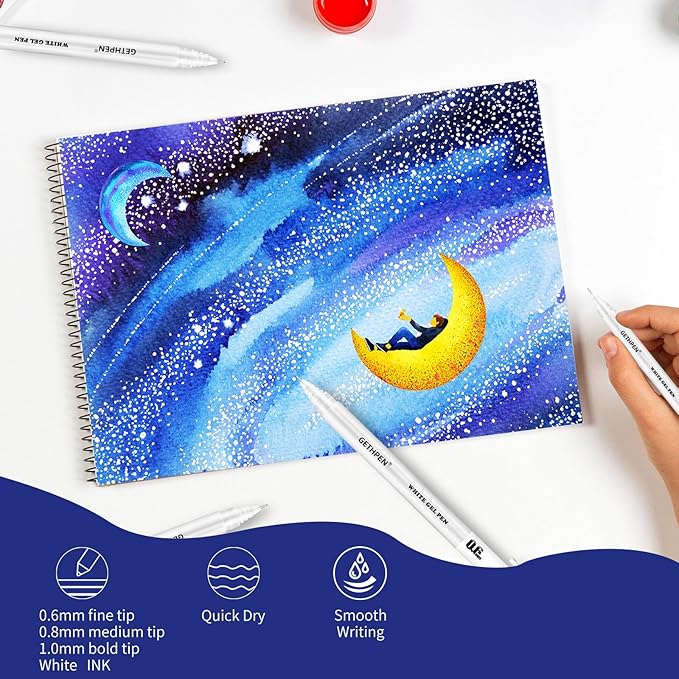 White Gel Pens 3-Pack - 0.6/0.8/1.0mm Fine to Bold Tips for Journaling & Art - Opaque Ink on Dark Paper, Holiday Cards & DIY Gifts