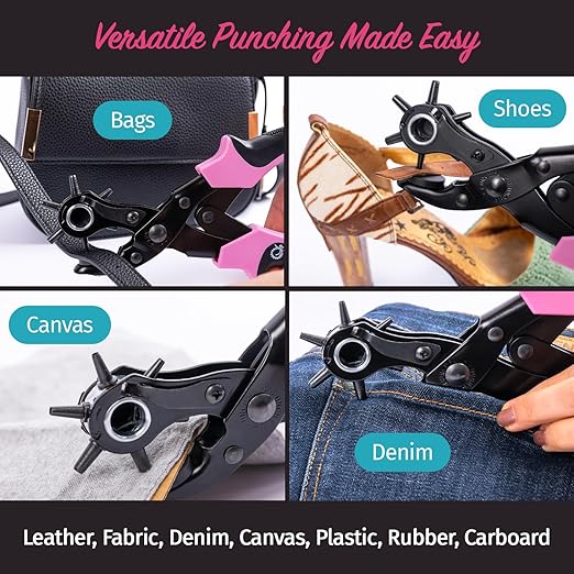 Precision Leather Hole Punch Tool, Best for Belts, Fabric, Leather (Up to 5mm Thick), Multi-Size Puncher for DIY, Craft & Home Projects, Comfortable for Smaller Hands with Reduced Handle Spread, Pink