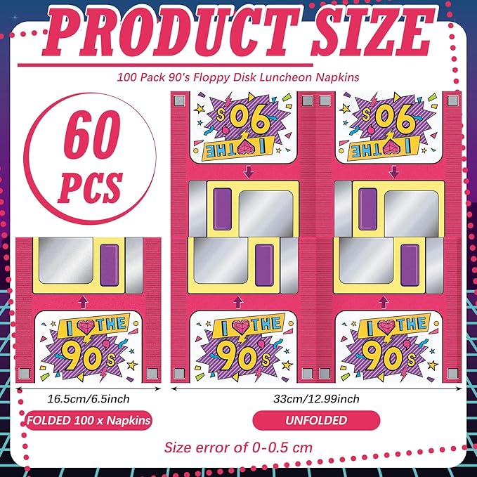 60 Pcs 90s Cocktail Paper Napkins 6.5 x 6.5 Inches Disposable Paper Napkins Dessert Beverage Napkin for Decoupage Luncheon Napkin for Party Wedding Birthday Party