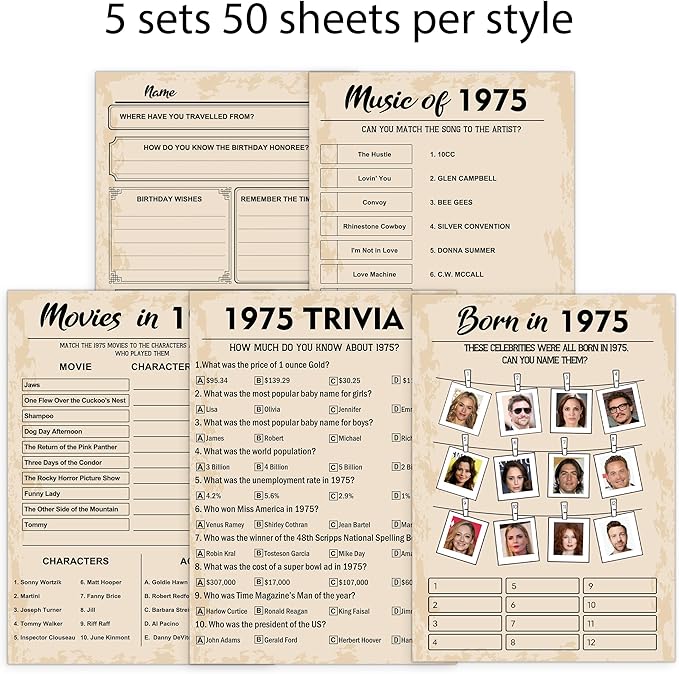 QUPT 50th Birthday Party Games,Set of 5 Activities for 10 Guests, Born in 1975 Games Bundle, Birthday Party Supplies for Adults, Pack of 50 Cards
