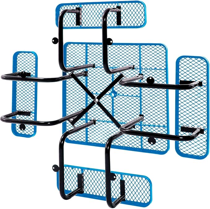 Global Industrial 46" Square Picnic Table, Expanded Metal, Blue Thermoplastic Coating, Attached Benches, 1-1/2” Umbrella Pole Hole, Outdoor-Rated, 1000 lb Capacity