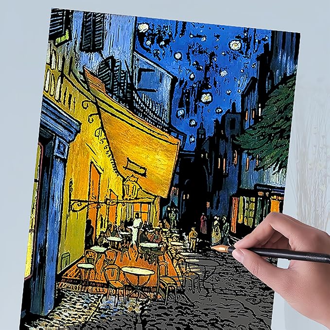 Scratch Art Painting 4 Pcs Vincent Van Gogh Scratch Rainbow Paper Set for Adults and Kids, DIY Sketch Card Engraving Craft Night View Scratchboard with 4 Tools - Cafe Terrace, Sunflowers, Starry Night