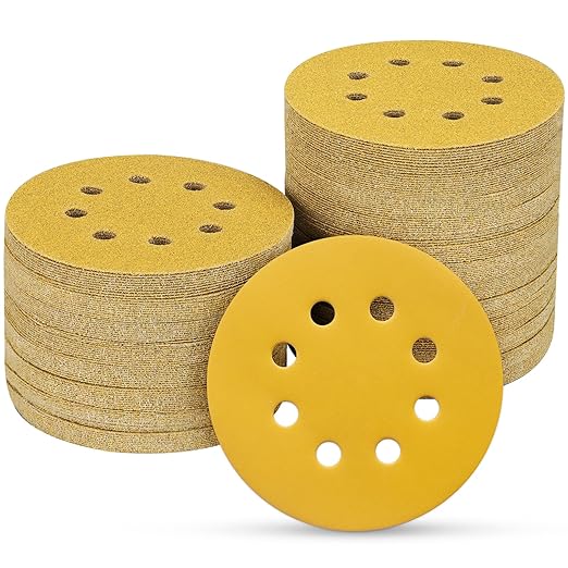 100PCS 5 Inch 8 Hole Sanding Discs 600 Grit,Gold Round Hook and Loop Sandpaper for Random Orbital Sander