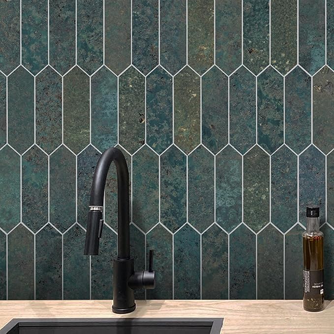 SUNWINGS Backsplash Tile for Kitchen Peel and Stick, Stone Composite Self Adhesive Tiles Faux Marble Pattern Long Hexagon Mosaic Wall Tile for Kitchen, 12 Inch x 11.22 Inch 10 Sheets Green