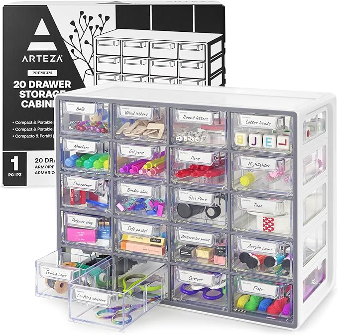 ARTEZA 20 Drawer Organizer and Storage Cabinet – Clear Plastic, Stackable Drawers for Makeup, Crafts, Sewing, Office Supplies, Small Parts & Tools