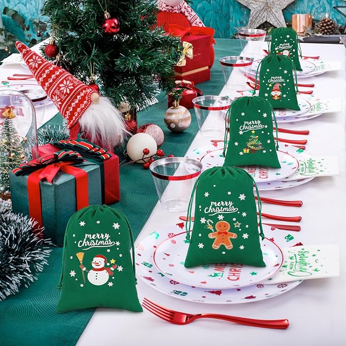 Tapleap Coth Christmas Bags with Drawstring - 50Pcs 5x7 Green Velvet for Wrapping Christmas Party Favors or Gifts for Friends, Children, Coworkers, Small Bussiness Products