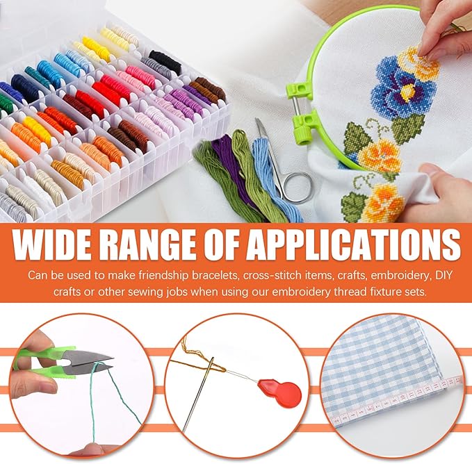 Tanstic 157Pcs Embroidery Floss Organizer Kit, Include 50 Color Embroidery Floss, Floss Bobbins, Bobbin Winder, Stickers, Needle Threader, Ruler, Scissor with 36 Compartments Jewelry Storage Box