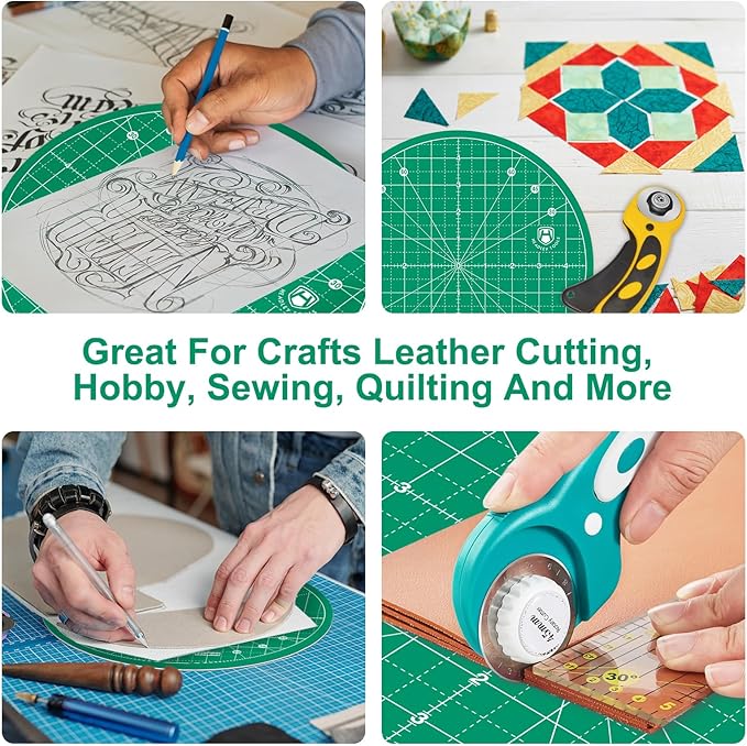 Headley Tools 10"x10" Round Rotating Cutting Mat, Self Healing Mat with 360-Degree Rotation & Anti-Slip Base, Sewing Board Cutting Mat Perfect for Fabric Quilting Leather Hobby Project, Green