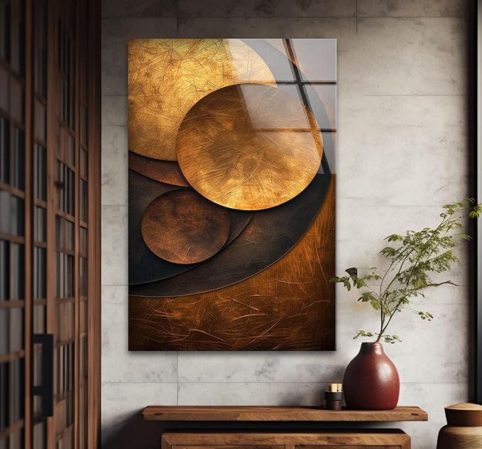 My Photostation.com Round 31,5'' Bronze Art Deco Geometric Motifs Glass Wall Art Tempered Glass Printing Wall Decor Large Wall Art Wall Hangings