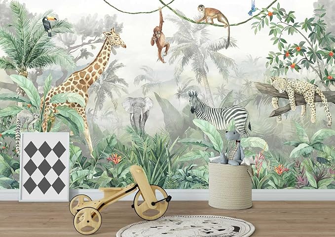 Kids Wallpaper Tropical Leves and Safari Animals Wall Mural for Wall Bedroom Living Room TV Background Sofa Wall（Not Peel and Stick）
