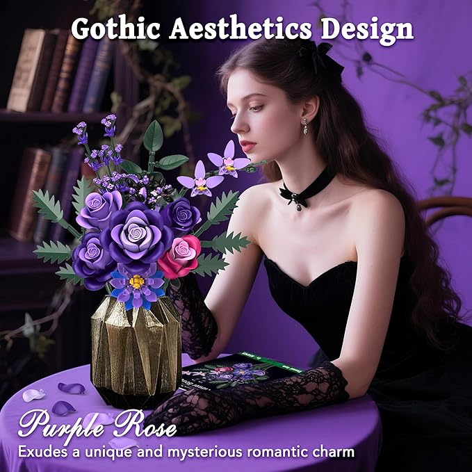 Purple Roses Flower Bouquet Building Sets, 834PCS Artificial Flowers Botanical Collection Compatible with Lego Flowers for Adults Gothic Halloween Decor, Gifts for Halloween Christmas Valentines Day