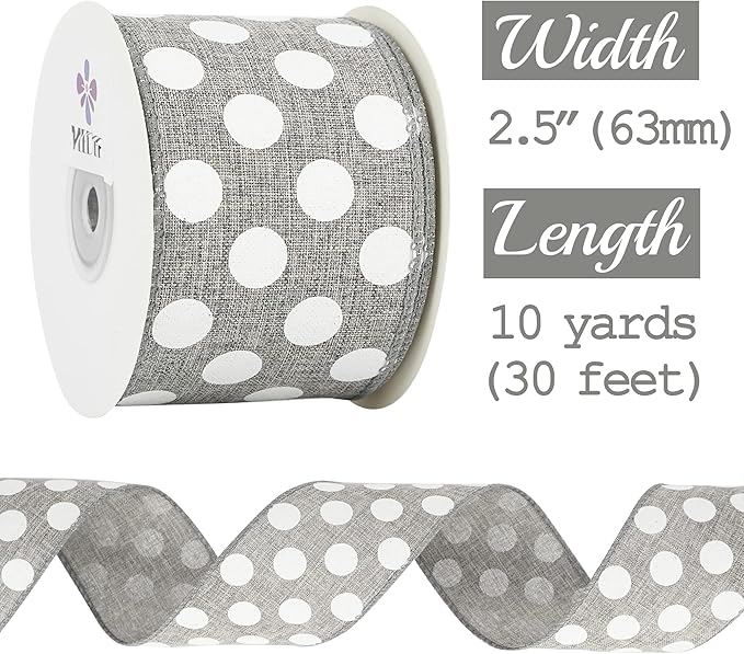 MEEDEE Polka Dots Burlap Ribbon - 2.5 Inch Wired Ribbon for Baby Shower, Farmhouse Decor, Elephant Wreath, Cakes - 10 Yards