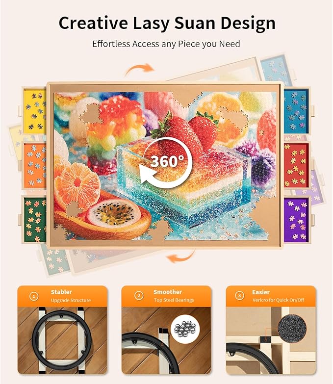 Join&Joy 2000 Piece Puzzle Board Pro, with 6 Drawers & Cover, 40" x 29", Sort-Wise Colorful Felt Drawers, Wooden Jigsaw Puzzle Board, Birthday Gifts for Mom