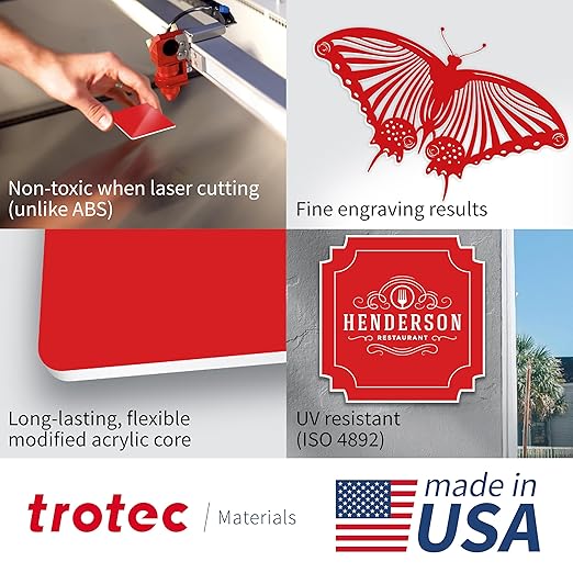 Trotec TroLase | 12"x12"x1/16", 8 Pcs | Red/White | 2 Ply | Modified Acrylic | Laser Engraving Double Color Plastic Sheet | Engraving Blanks for Laser, Saw, Guillotine | Made in USA