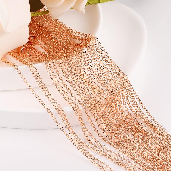 ALEXCRAFT Wholesale 12PCS Rose Gold Plated Solid Brass Chain Hypoallergenic Flat Cable Chains Link Bulk for Jewelry Making (20"(2.0MM))