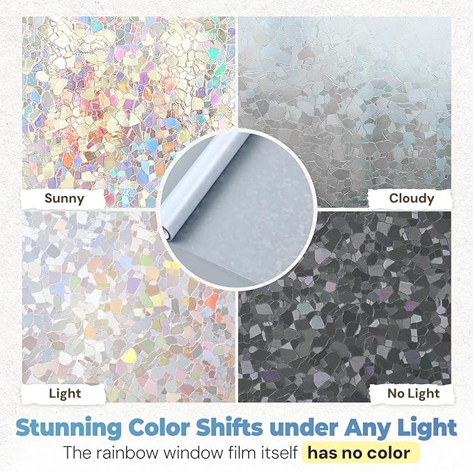 DOWELL Window Privacy Film Rainbow Film, Stained Glass Decorative Sticker, Static Cling Non-Adhesive Glass Clings, Sun Blocking Heat Control Window Coverings for Home Door, 35.4" x 78.7"
