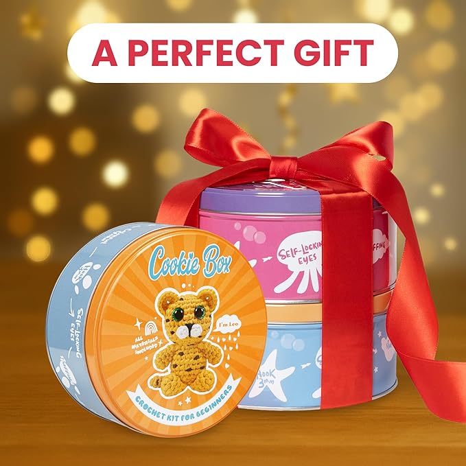 Cookie Box Crochet Kit for Beginners – Gift Set to Make Leopard Leo Amigurumi Plushie – Easy DIY Crochet & Knitting Starter Kit with Video and PDF Tutorials