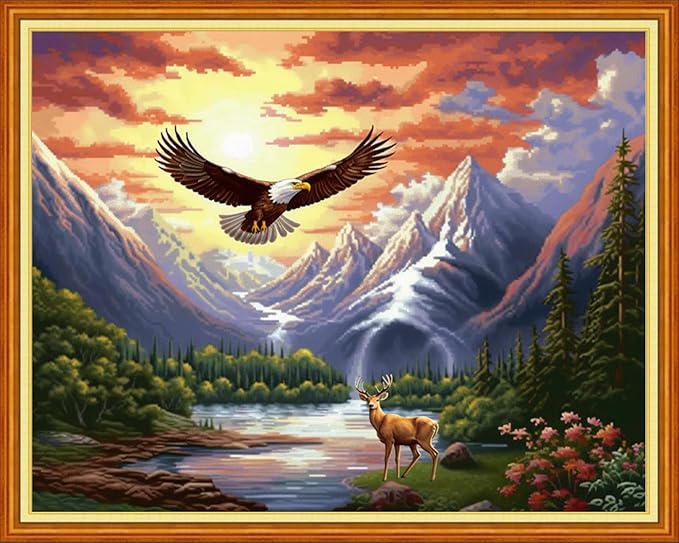 Stamped Cross Stitch Kits - Beach Night Landscape Counted Cross Stitch Kits for Beginners Adults Needlepoint Cross-Stitch Patterns-Eagle and Deer 16x20 inchs
