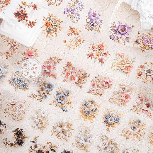 6PCS Baroque Flower PET Tape Set, Vintage Floral Pre-Cut Tapes for Journaling, Scrapbooking, and Junk Journal Ephemera, with Decorative Clip