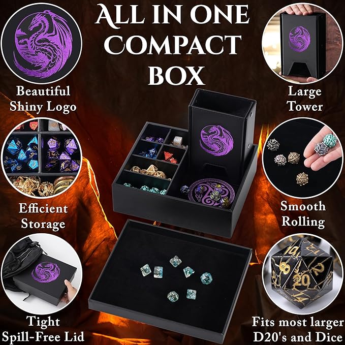 Soar Forge Dice Tray and Dice Tower for DND - All-in-One Tray, Storage & Large Tower for Random Rolls - Stores Dice for D&D, Mini's etc, Perfect RPG Gift Accessories (Purple Dragon)
