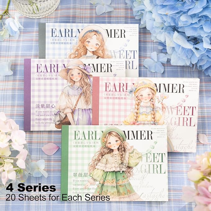 4Pcs Girl Pre-Cut Sticker Books, PET and Washi Designs for Scrapbooking, Journaling Supplies, Junk Journal Ephemera, Includes Organizer