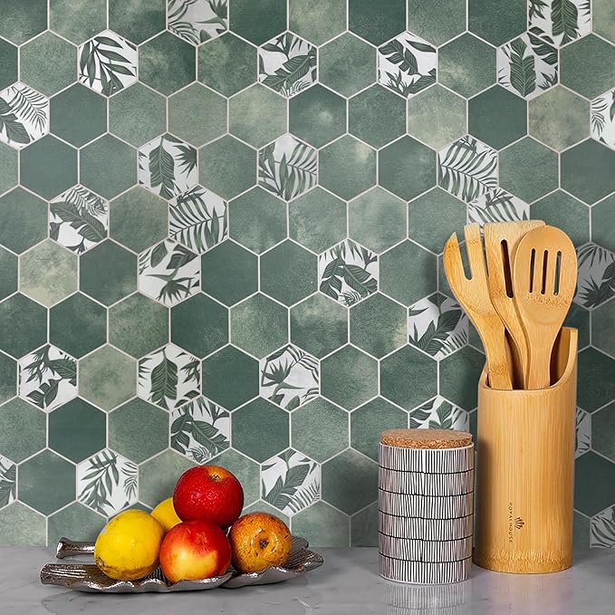 The Tiles Plaza 10-Sheet Peel and Stick Backsplash, Green Cement Hexagon Stone Composite Marble Looks Self Adhesive Wall Tile, Stick On Tiles for Kitchen Bathroom Shower, Cover 9 Sq Ft.