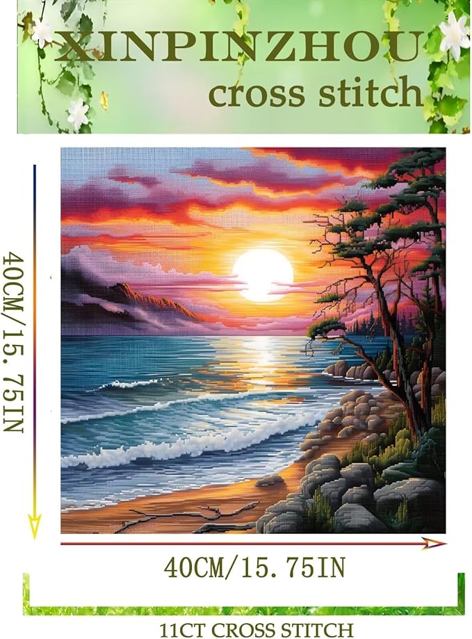 Xinpinzhou Seaside Landscape 11ct Cross Stitch Kits, 11 CT Funny Pre Printed Counted Stamped Cross Stitch Embroidery Needlepoint Patterns Kits for Beginners Adults Crossstitch 40x40 cm