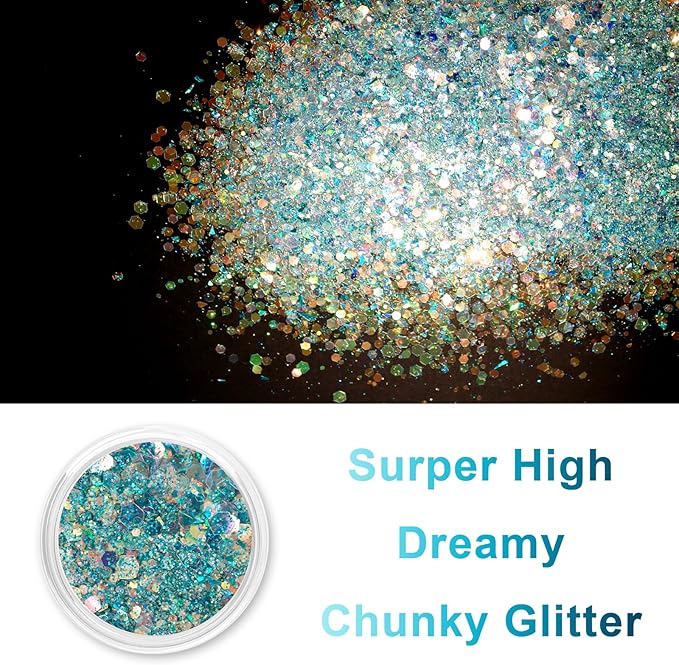 Renfio Opal Chunky Glitter, 1.75oz/50g Blue High Sparkle for Crafts - Holographic Fine Mix Iridescent Flakes for Resin, Nails, Art, Hair, DIY, Snow Globe - Azure Sky