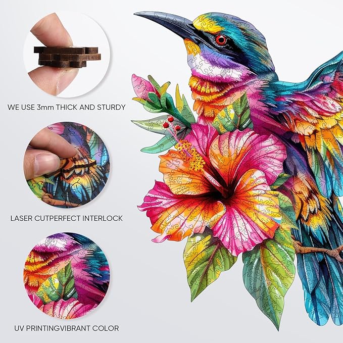 Wooden Puzzle for Adults, Hummingbird Jigsaw Puzzles 200 Piece, Unique Shapes Family Reunion Puzzle for Adults and Kids, Beautiful Package, Best Gift for Family Friends Medium 11.4x11in
