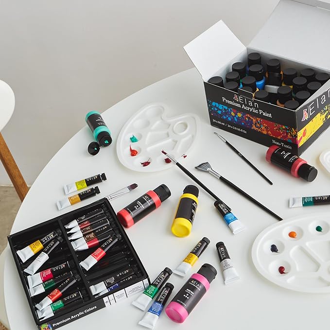 Elan Professional Acrylic Paint Set, 24 Vibrant Colors Acrylic Paint Tubes 2fl oz, Non-Toxic Tubes for Canvas & Crafts, Art Paints for Adults