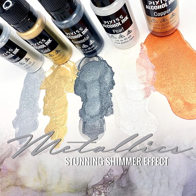 Metallic Alcohol Ink Set - Gold, Silver, Gunmetal, Copper, Pearl with Extreme Shimmer - Large 0.5 Ounce Inks