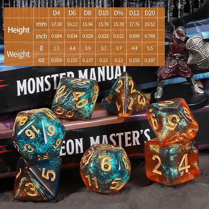 CiaraQ DND Dice Sets - 26 X 7 Polyhedral Dice (182pcs) with a Large Drawstring Bag for Dungeons and Dragons, Role Playing Table Game. Multiple Colors, Glitter Swirl Design with Gold Numbers.