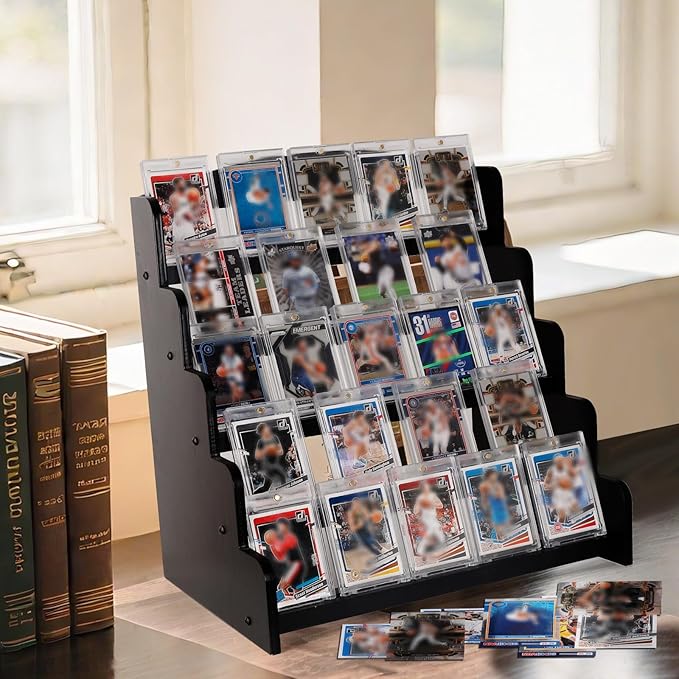 5-Tier Bamboo Trading Card Display Case, 35 pt Baseball Card Collection Stand, Sports Card Storage Holder,Card Game Collection (Black)