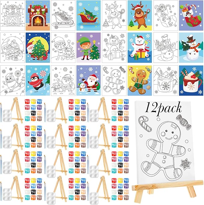 Zhanmai 12 Pack Pre Drawn Canvas for Painting Sip and Paint Kit 8" x 10" Paint Party Set Canvas Painting Pre Printed Canvases for Party Favor DIY Virtual Adult's Date Night(Santa)