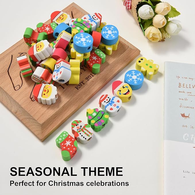 HILAZA 42Pcs Christmas Pencil Top Erasers for Kids Bulk, Cute Eraser Toppers Pencil Cap Erasers for Stocking Stuffers Goodie Bags Stuffers Holiday Party Favors